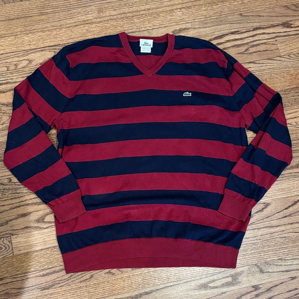 Lacoste Men's Red and Navy Striped V-Neck Sweater 7 (XXL)